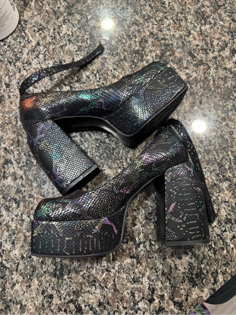 Platform Block Heel Pumps in Black Iridescent Snake Print